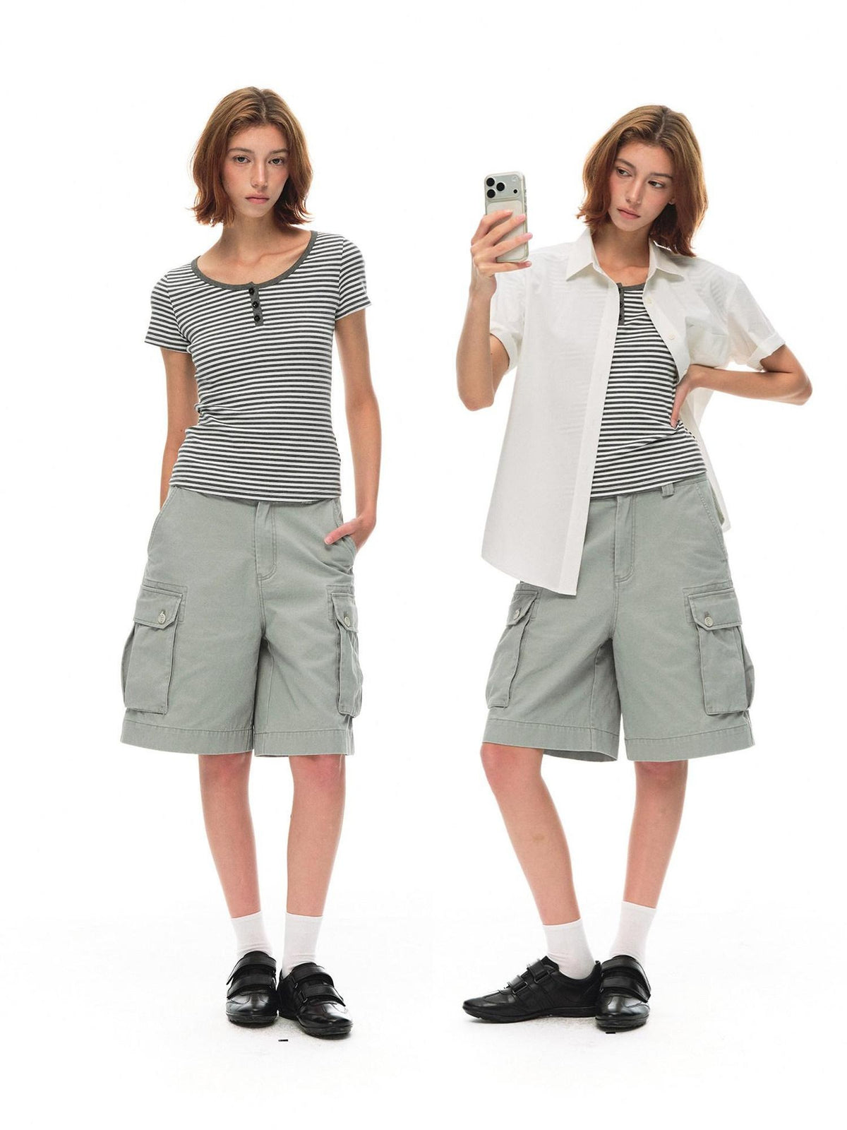 Country Moment Vintage Washed Relaxed Mid Rise Pockets Casual Pure Cotton Mid-Length Shorts