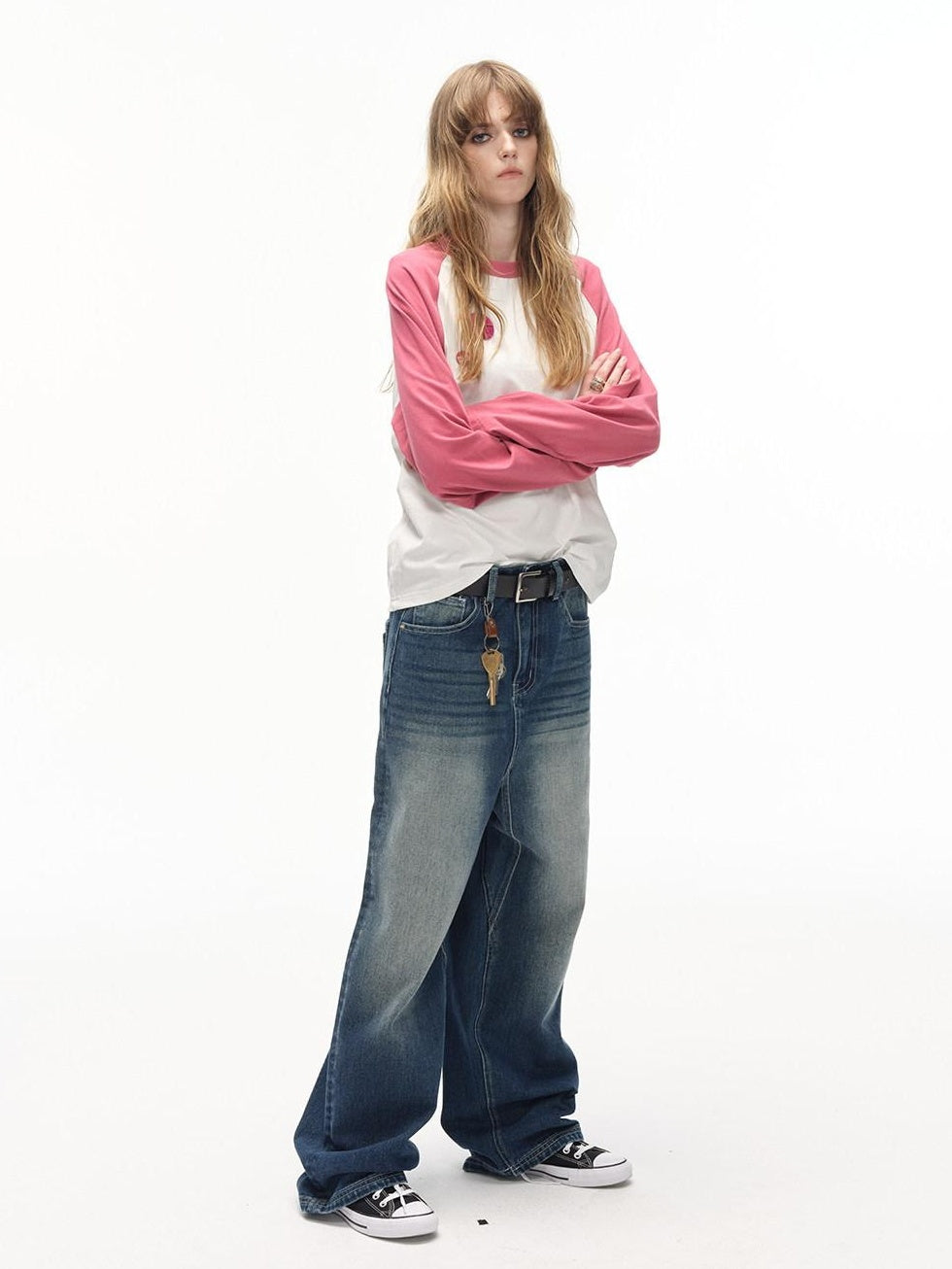 Country Moment Gradient Distressed Mid Rise Loose Straight Everyday Denim Blue Wide Leg Jeans
