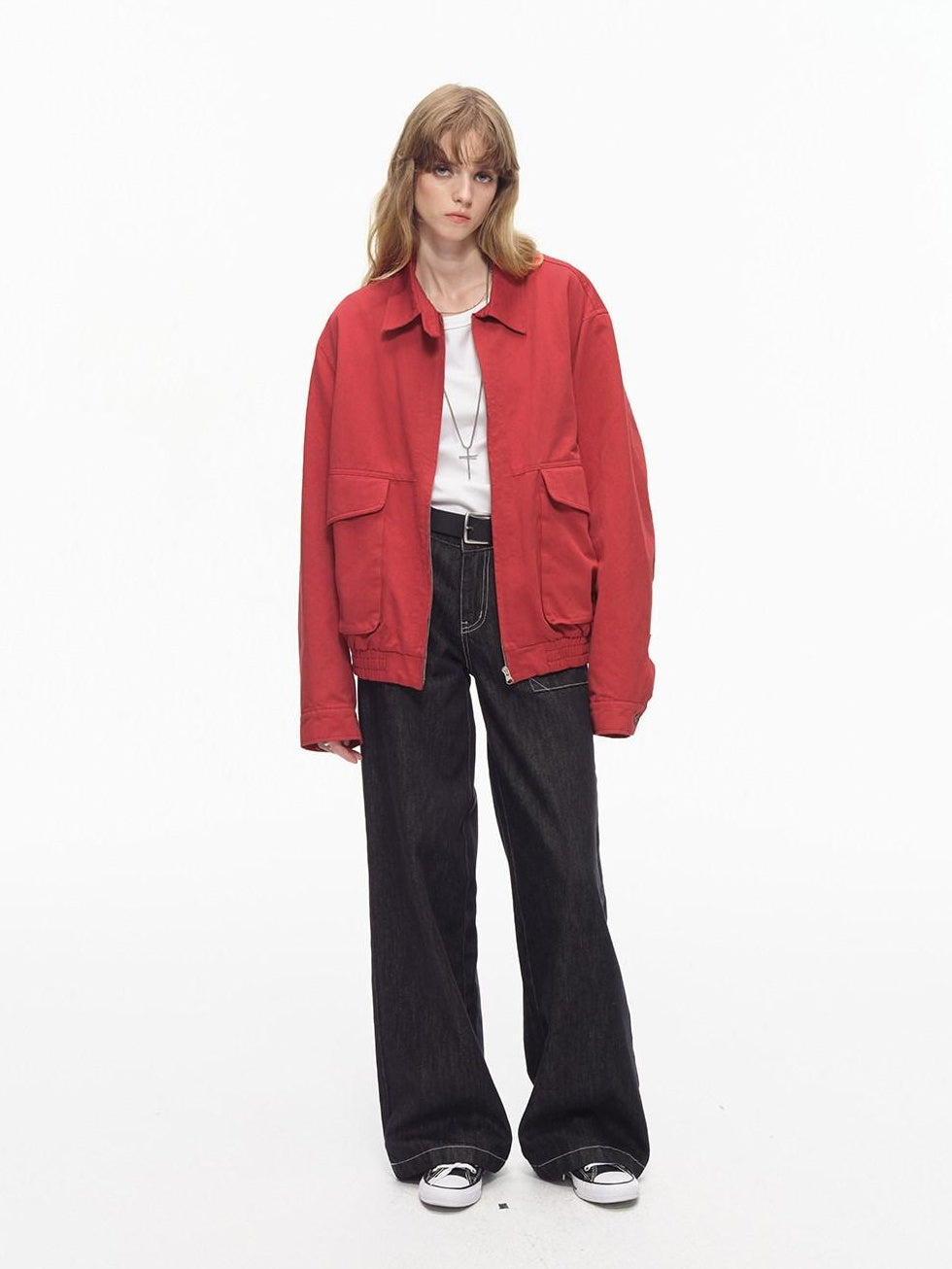 Country Moment Warm Pure Cotton Relaxed Fit Zip Front Rib Hem Unisex Chili Red Cropped Jackets