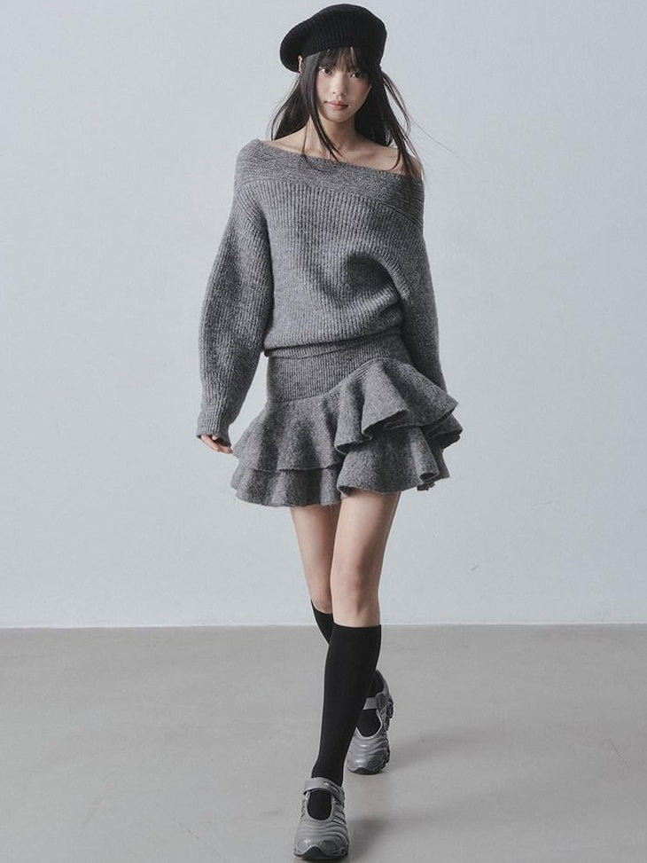 DDGIRL studio Cozy Knit Warm Girly Ruffle Bardot Neckline High Waist Grey Top & Skirt Sets