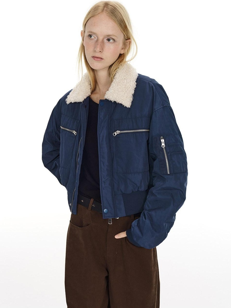 Country Moment Waterproof Cotton Padded Zipper Drop Shoulder Women Navy Cropped Jackets