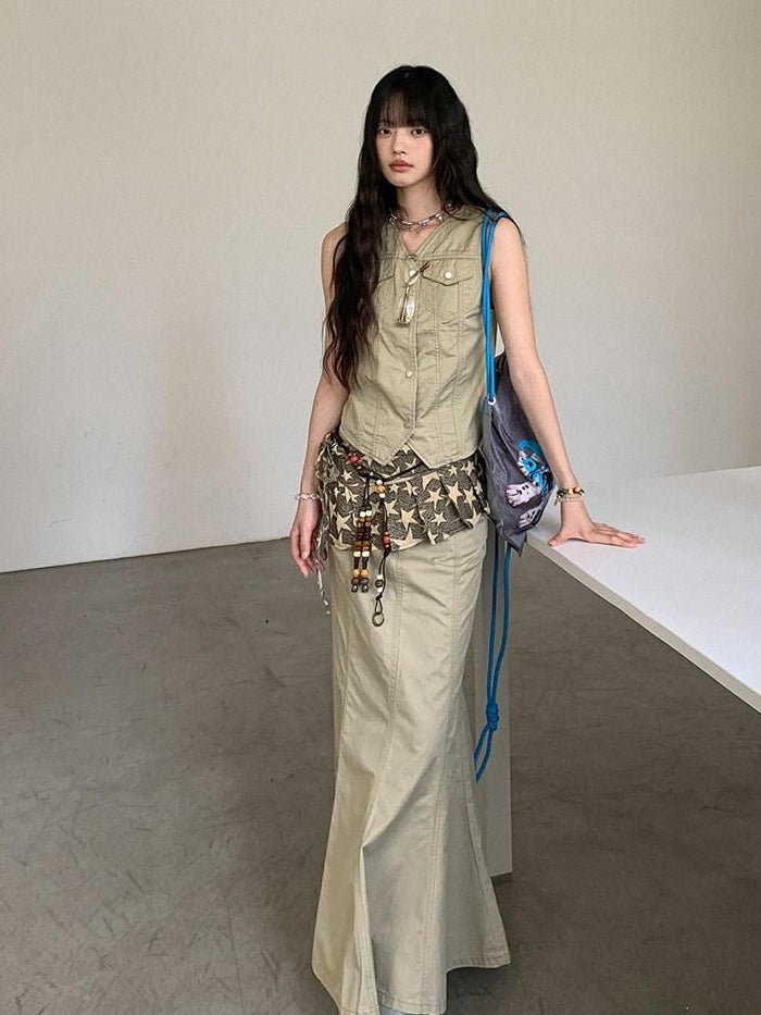 DDGIRL studio High Waist Cotton Fishtail Slim Casual Khaki Women Outdoor Maxi Skirts