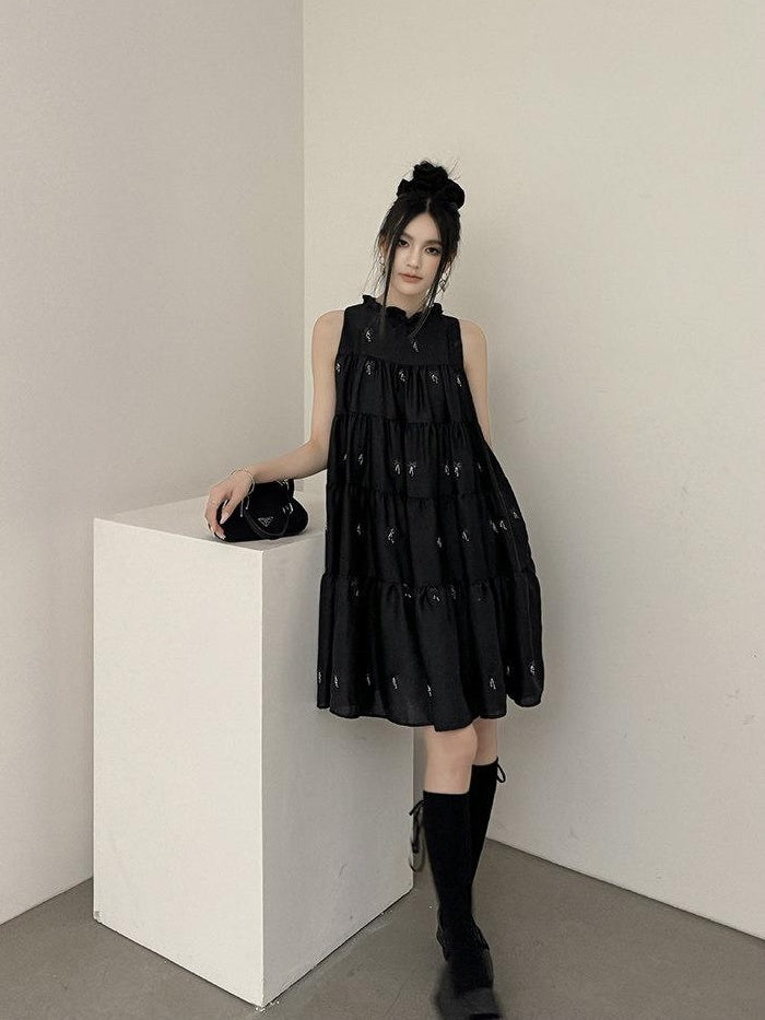 DDGIRL studio Chic Office Sleeveless Crew Neck Pullover Black Polyester One Size Midi Dresses