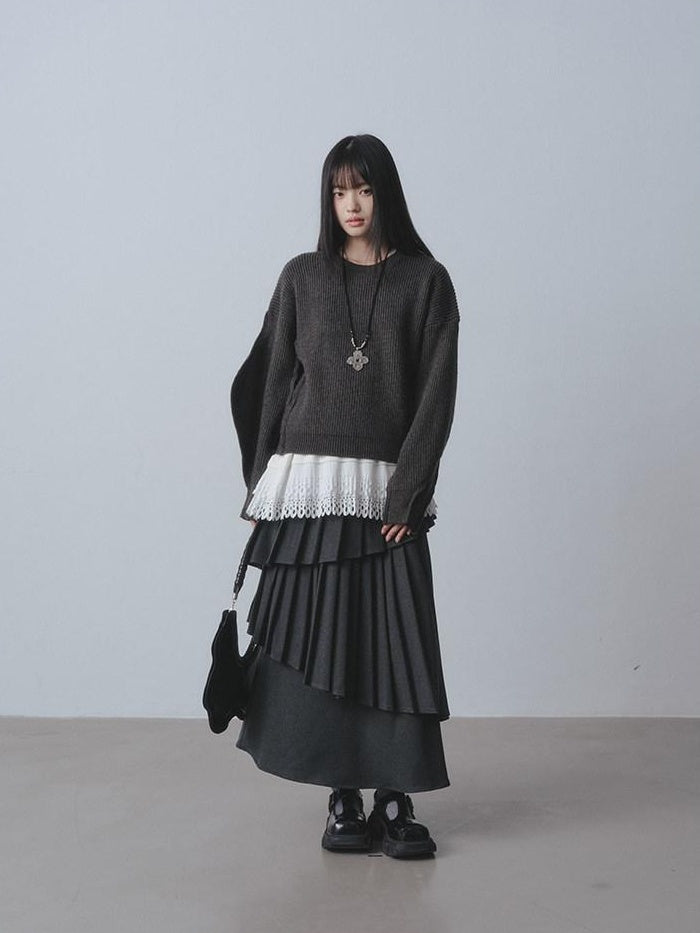 DDGIRL studio Warm Lined Asymmetrical Pleated High Waist Commuter Women Dark Gray Maxi Skirts