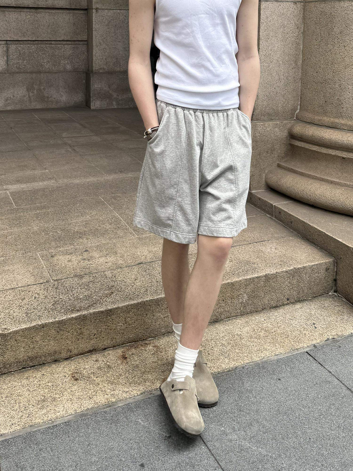 Country Moment Cotton Blend Slight Stretch Loose Mid Waist Daily Casual Grey Mid-Length Shorts