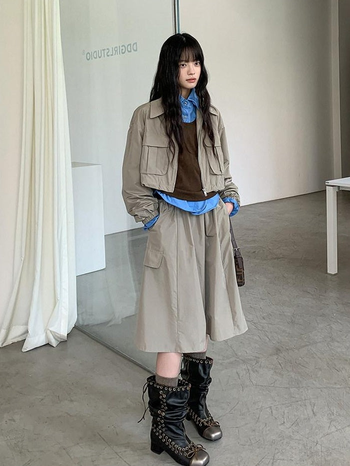 DDGIRL studio Zip Front Long Sleeve Lapel Collar Commuter Women Polyester Top & Shorts Sets