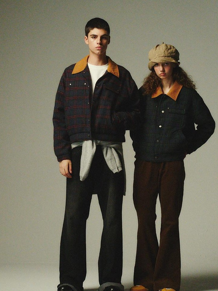 Country Moment Warm Insulated Loose Fit Plaid Cropped Teen Polyester Filled Puffer Jackets