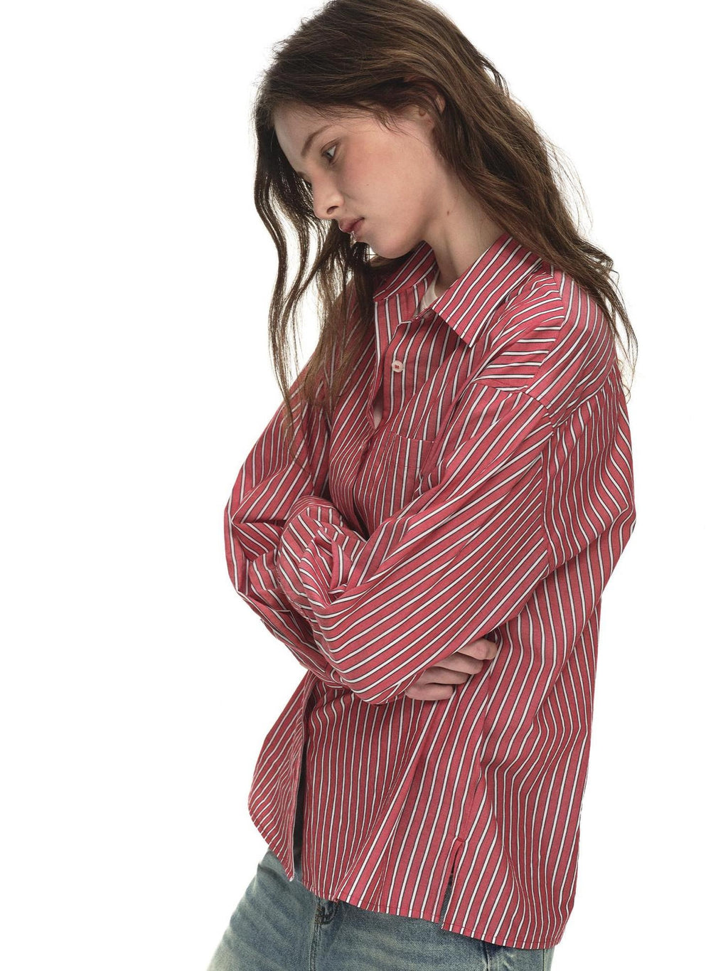 Country Moment 100% Cotton Vintage Oversized Red Stripe Button Long Sleeve Women Shirts