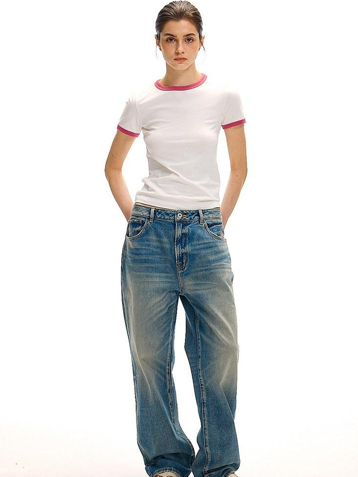 Country Moment 100% Cotton Ribbed Crew Neck Moisture Wicking Two Tone Short Sleeve T-Shirts