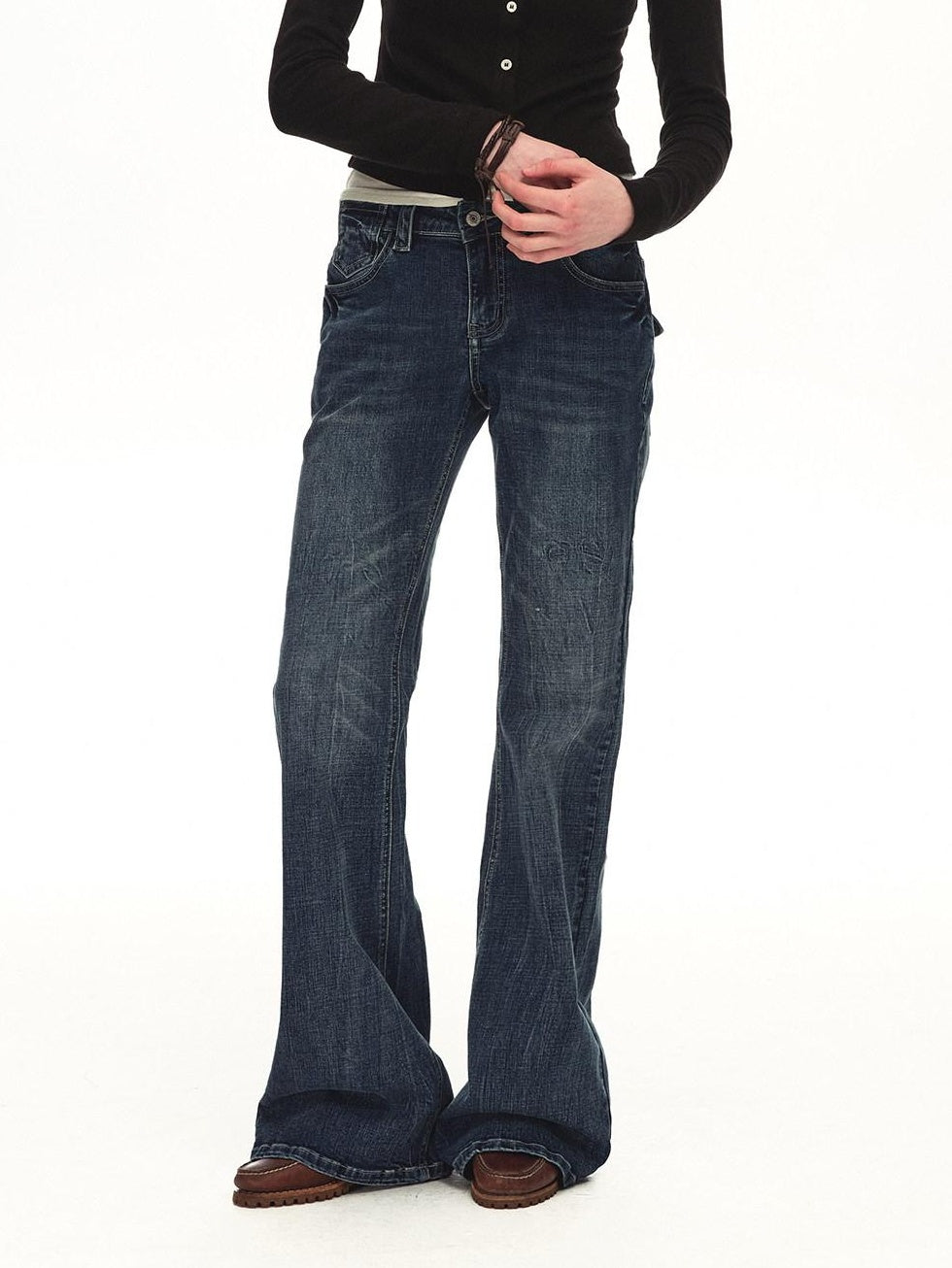 Country Moment Slimming Soft Breathable Distressed Low Rise Vintage Blue Stonewash Flared Jeans