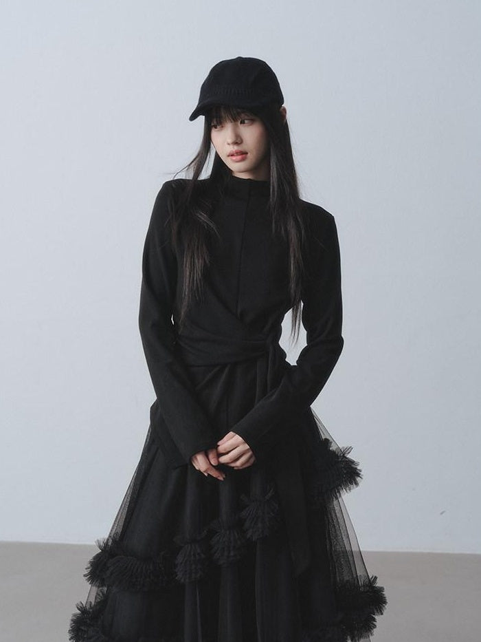 DDGIRL studio Soft Breathable Slim Spliced Tie Women Black Round Neck Long Sleeve T-Shirts