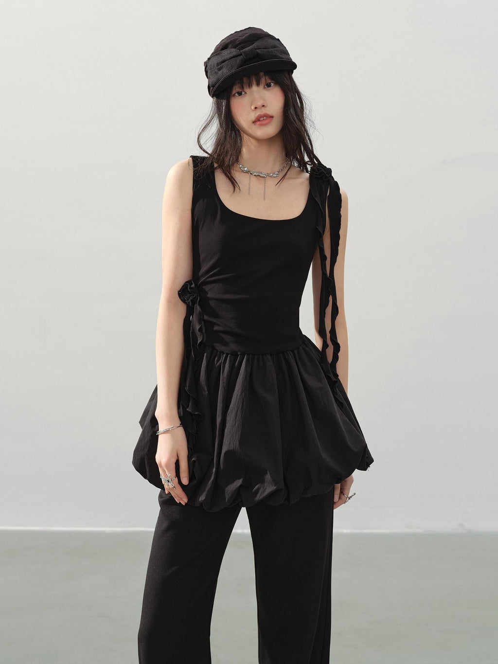DDGIRL studio Soft Cotton Ruffle Aline Slim Cute Date Sleeveless U Neck Black Mini Dresses