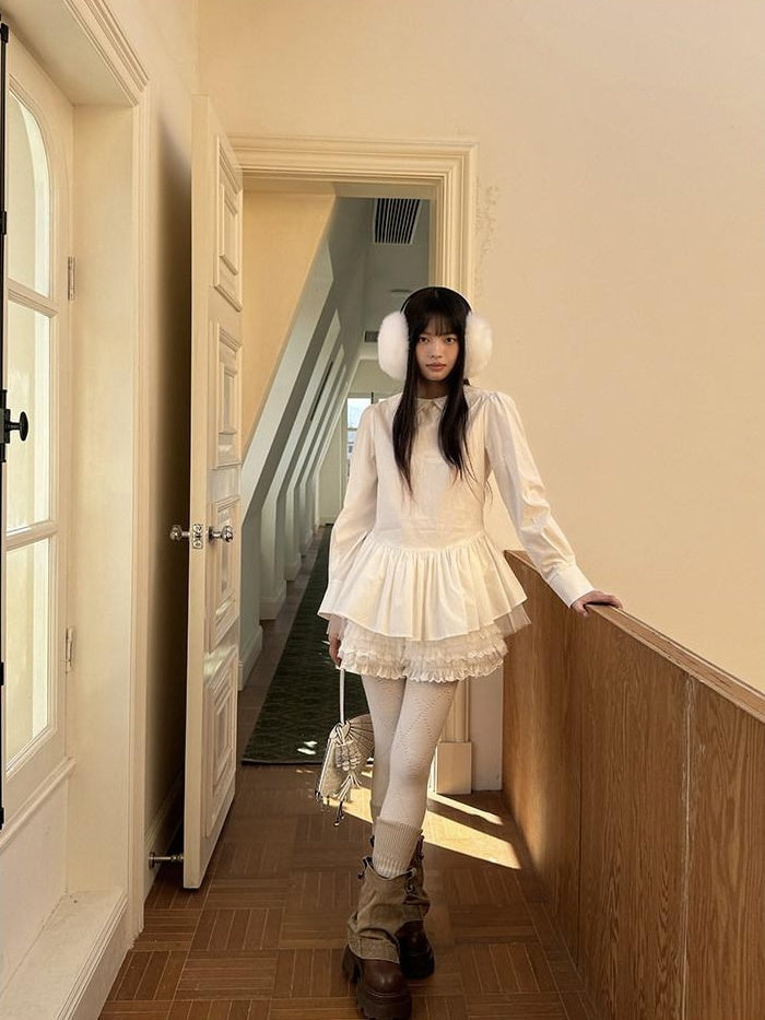 DDGIRL studio Breathable Patchwork Doll Collar Cotton Blend Cropped Long Sleeve White Blouses