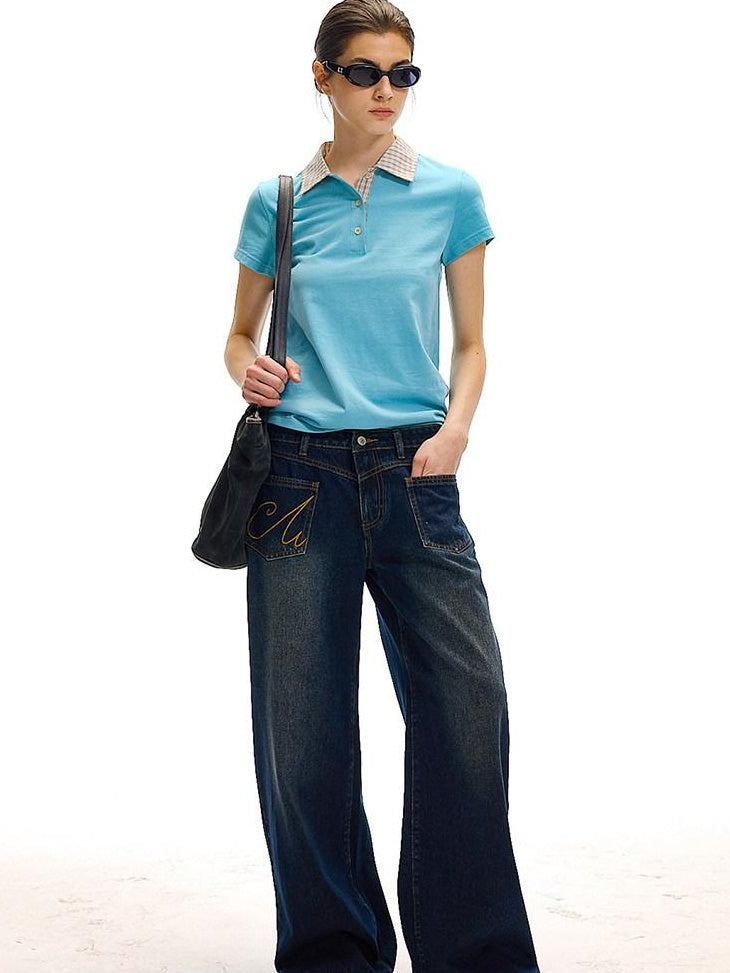 Country Moment 100% Cotton Patchwork Slim Fit Polo Collar Casual Plaid Short Sleeve T-Shirts