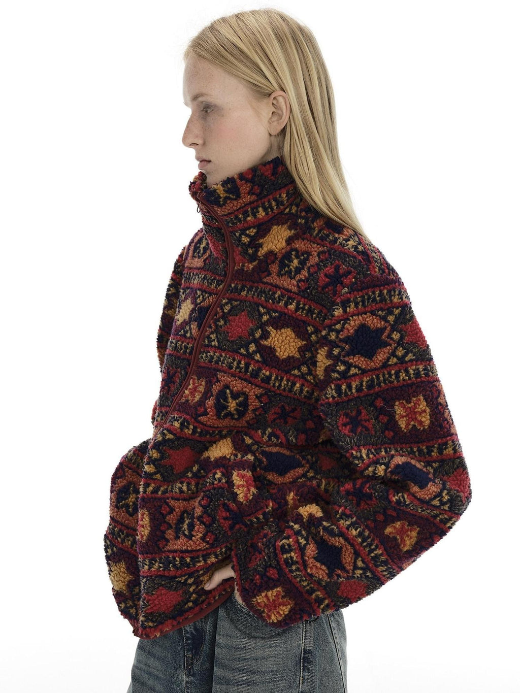 Country Moment Jacquard Thick Cooling Loose Ethnic Stand Collar Retro Red Zip Cropped Jackets