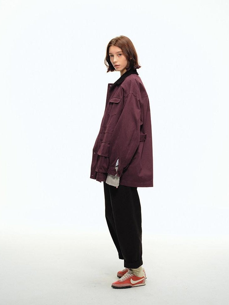 Country Moment Pure Cotton Relaxed Trendy Lapel Unisex Casual Solid Wine Red Short Coat