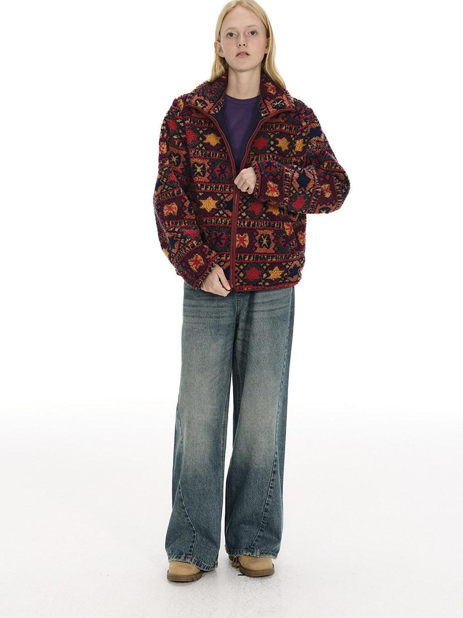 Country Moment Jacquard Thick Cooling Loose Ethnic Stand Collar Retro Red Zip Cropped Jackets