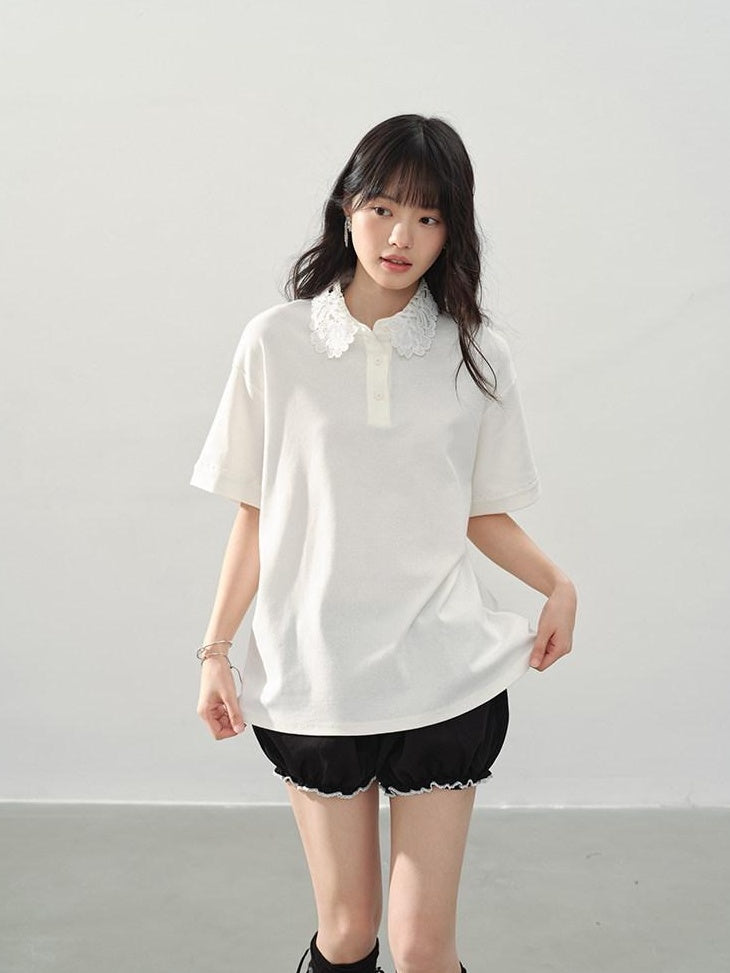DDGIRL studio Washed Zip Polo Loose Fit Casual Long Staple Cotton Short Sleeve T-Shirts