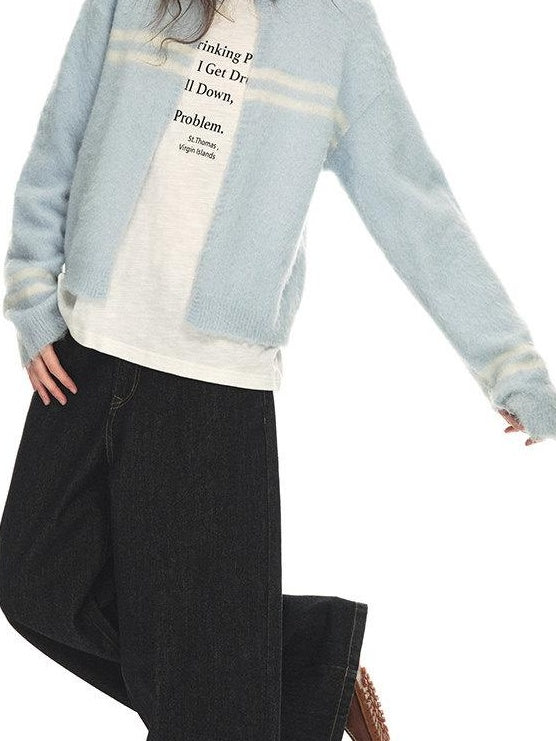 Country Moment Soft Wool Blend Light Blue Striped Relaxed Collar Women Breathable Cardigans