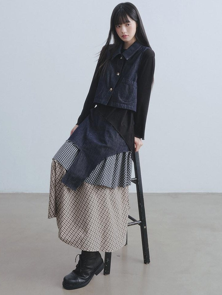DDGIRL studio Asymmetric Plaid Leather Lapel Vest High Waist Skirt Women Top & Skirt Sets