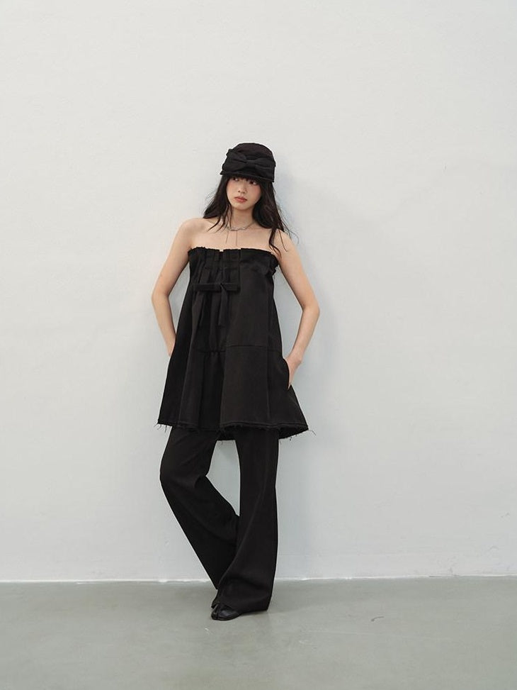DDGIRL studio Slim Mid Rise Washed Black Micro Flare Zipper Casual Women Straight Pants
