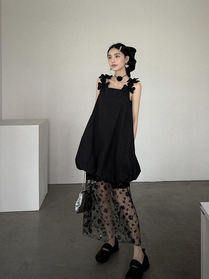 DDGIRL studio Washed Cotton Nylon Blend Strappy A Line Loose Waist Commuter Black Midi Dresses