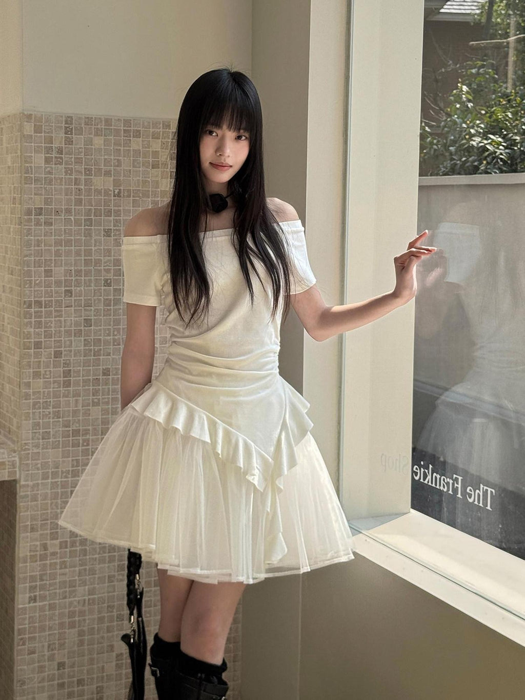 DDGIRL studio Flattering High Waist Lined Office A Line Puff Short White Nylon Mini Skirts