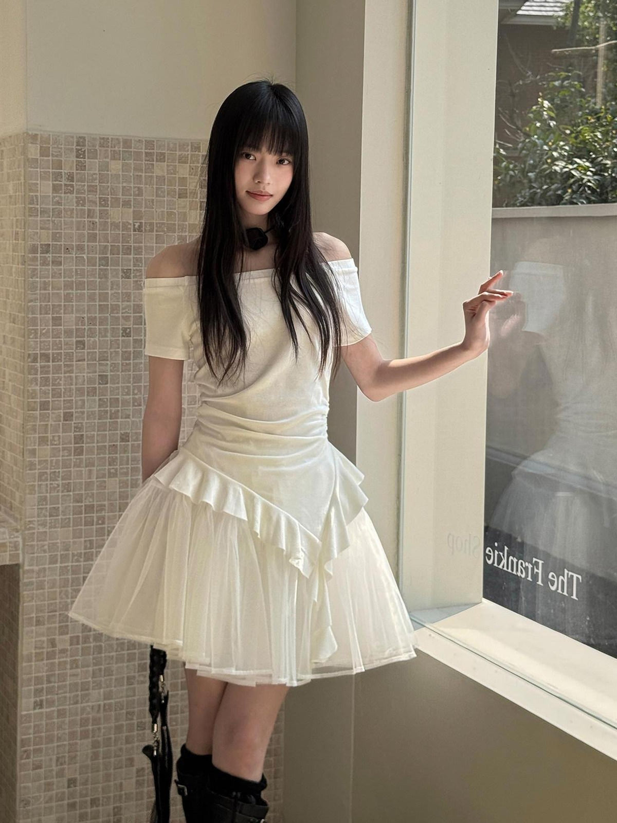 DDGIRL studio Flattering High Waist Lined Office A Line Puff Short White Nylon Mini Skirts