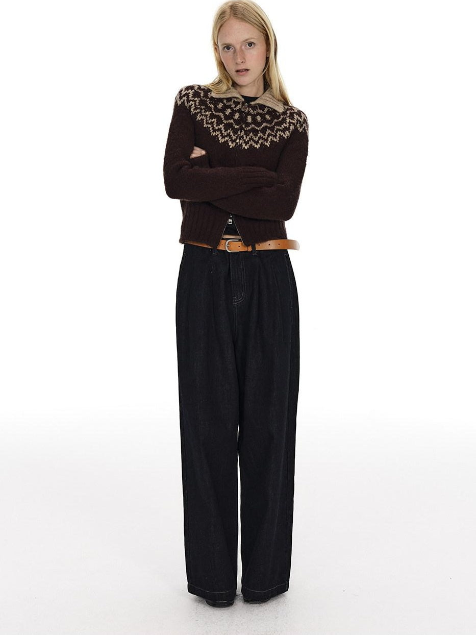 Country Moment Soft Wool Blend Thermal Slim Jacquard Zip Front Unisex Brown Cardigans