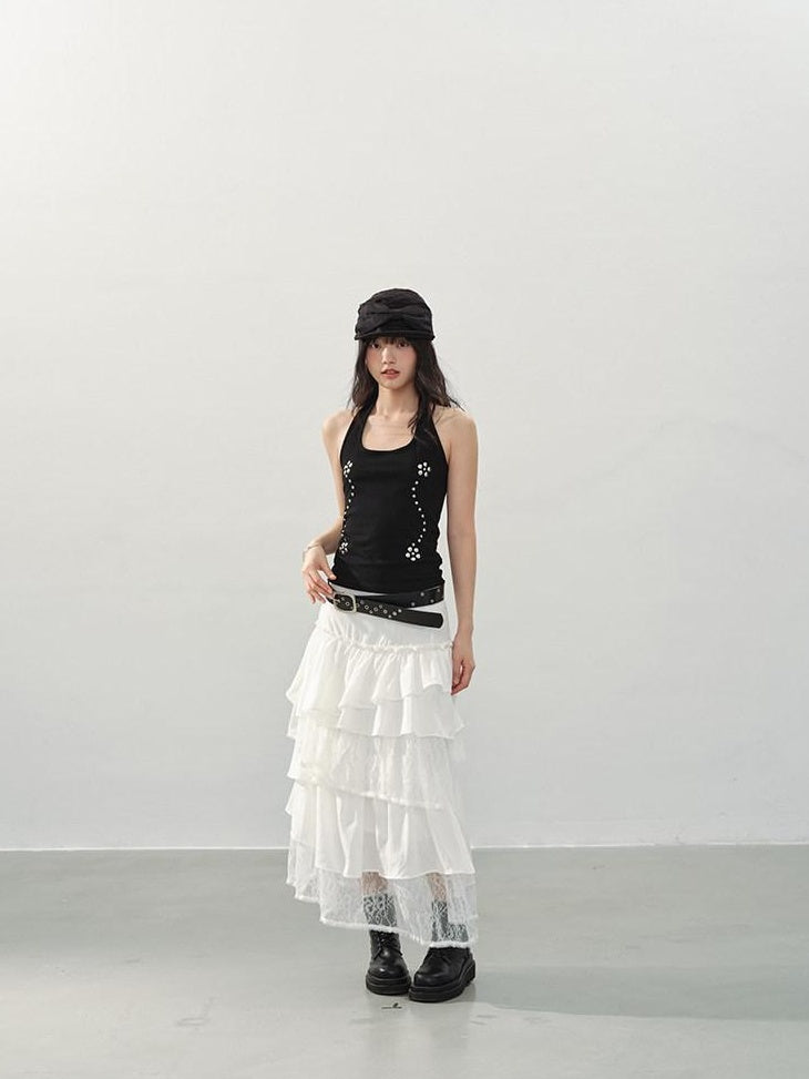 DDGIRL studio Shape Retaining Asymmetric Tiered High Waist Lined Lace Linen Women Midi Skirts