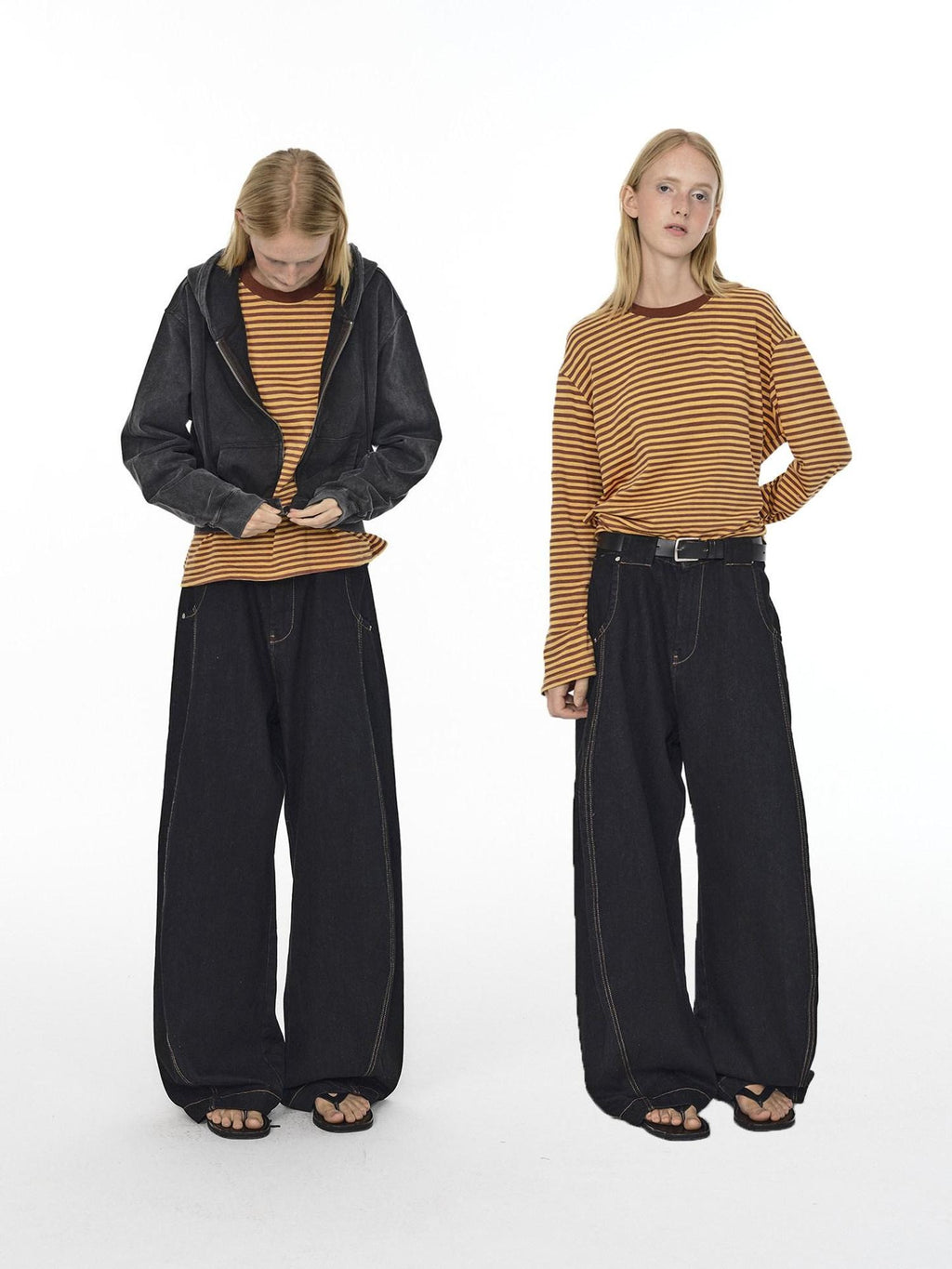 Country Moment Mid Rise Contrast Stitching Loose Fit Unisex Cotton Blend Black Wide Leg Jeans