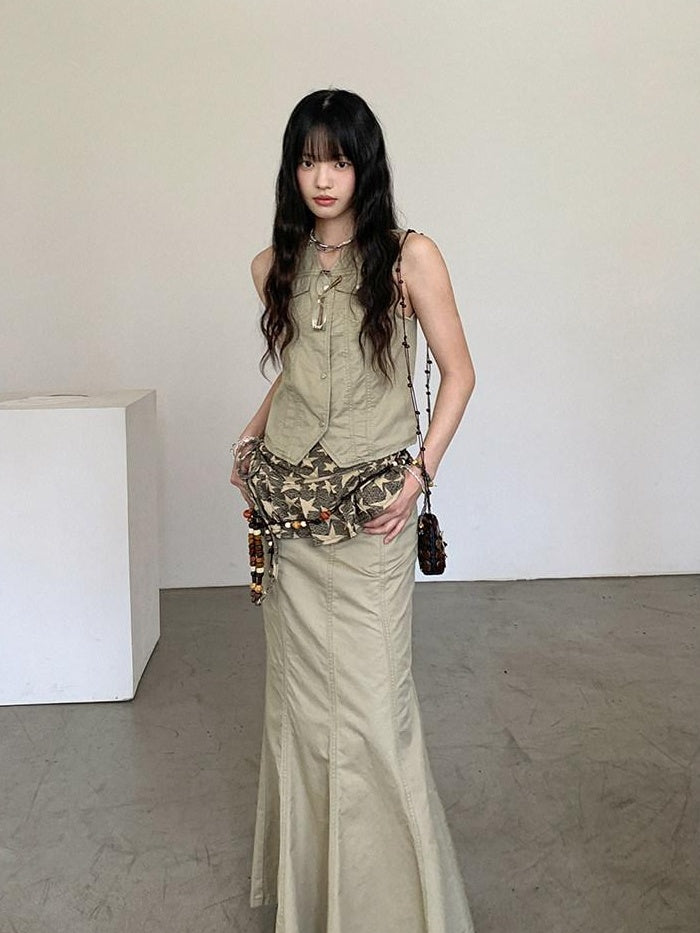 DDGIRL studio High Waist Cotton Fishtail Slim Casual Khaki Women Outdoor Maxi Skirts