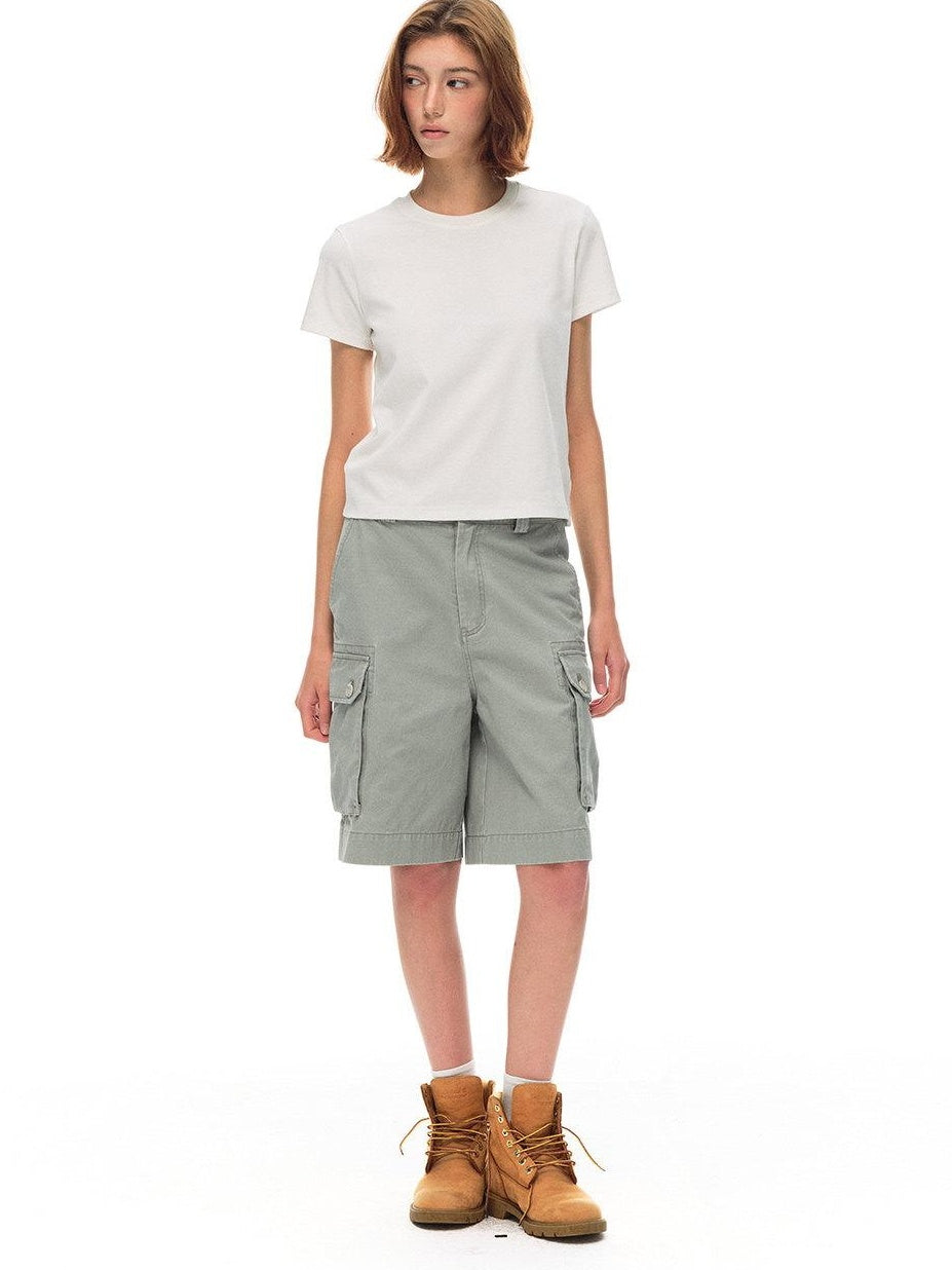 Country Moment Vintage Washed Relaxed Mid Rise Pockets Casual Pure Cotton Mid-Length Shorts
