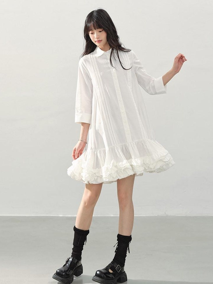 DDGIRL studio Shape Retaining Cotton Ruffle Aline Loose Waist Commuter Women Midi Dresses