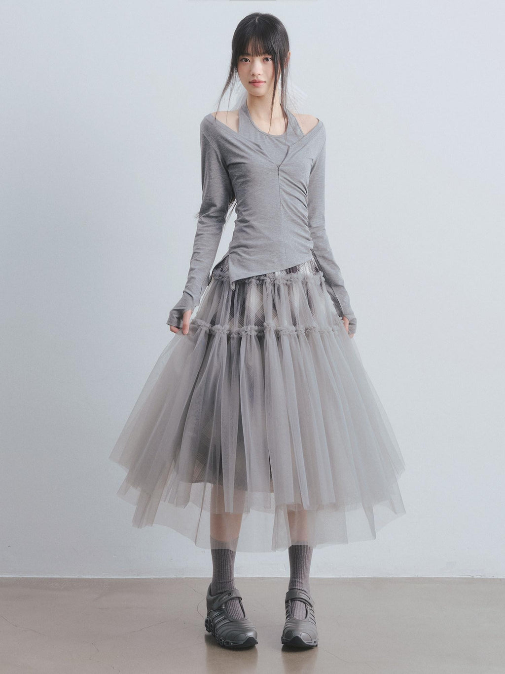 DDGIRL studio Non Deforming High Waist Mesh Patchwork Pleated Lined Women Gray Midi Skirts
