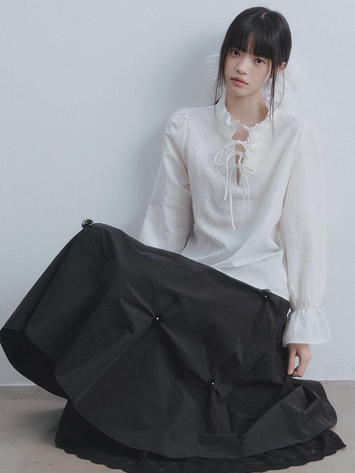 DDGIRL studio Breathable Non Deforming Ruffle Collar Bell Sleeve Straight Cut Commuter Shirts