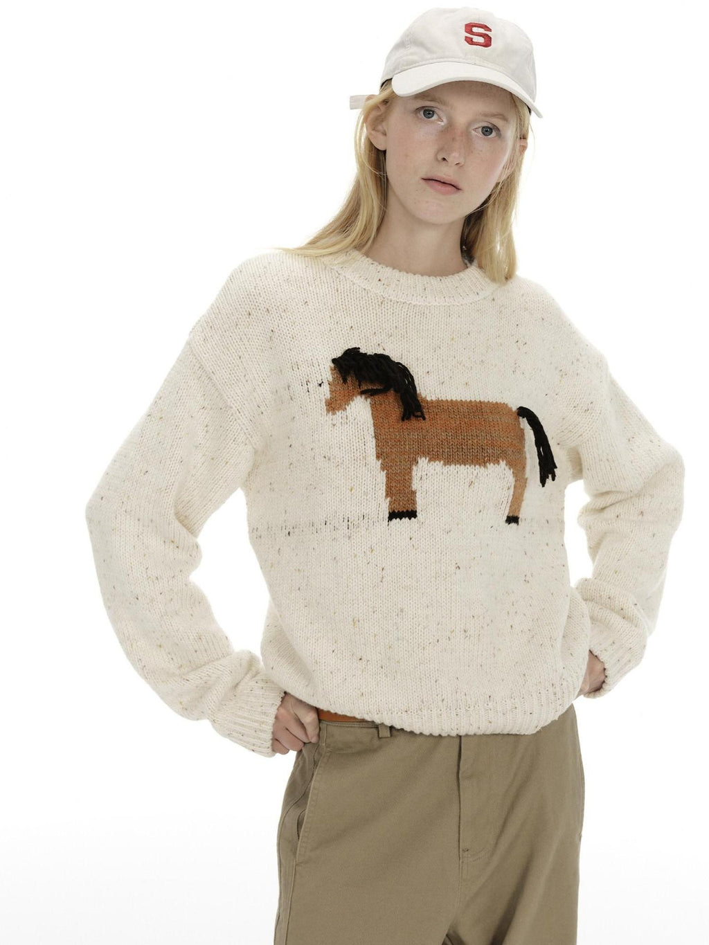 Country Moment Cozy Soft Loose Vintage Pullover Women Wool Blend Horse Pattern Sweaters