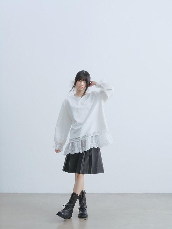 DDGIRL studio Layered Lace Oversized Puff Sleeve Womens Cotton White Long Sleeve T-Shirts