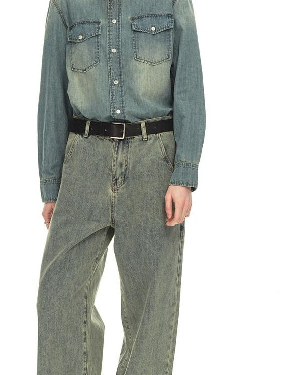 Country Moment Distressed Mid Rise Relaxed Unisex Breathable Cotton Grey Blue Wide Leg Jeans