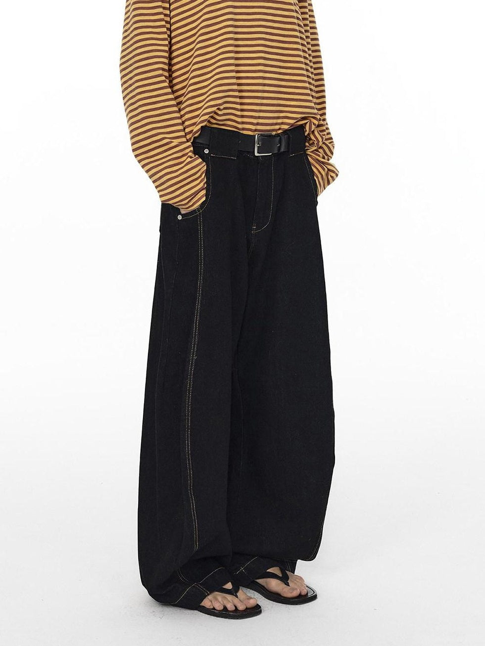 Country Moment Mid Rise Contrast Stitching Loose Fit Unisex Cotton Blend Black Wide Leg Jeans