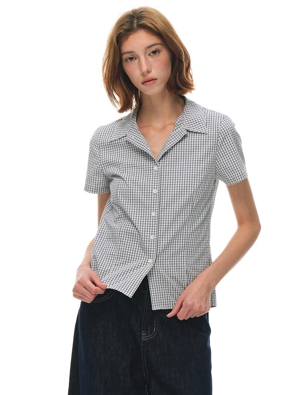 Country Moment Cotton Fitted Button Cuban Collar Black White Plaid Short Sleeve Women Shirts
