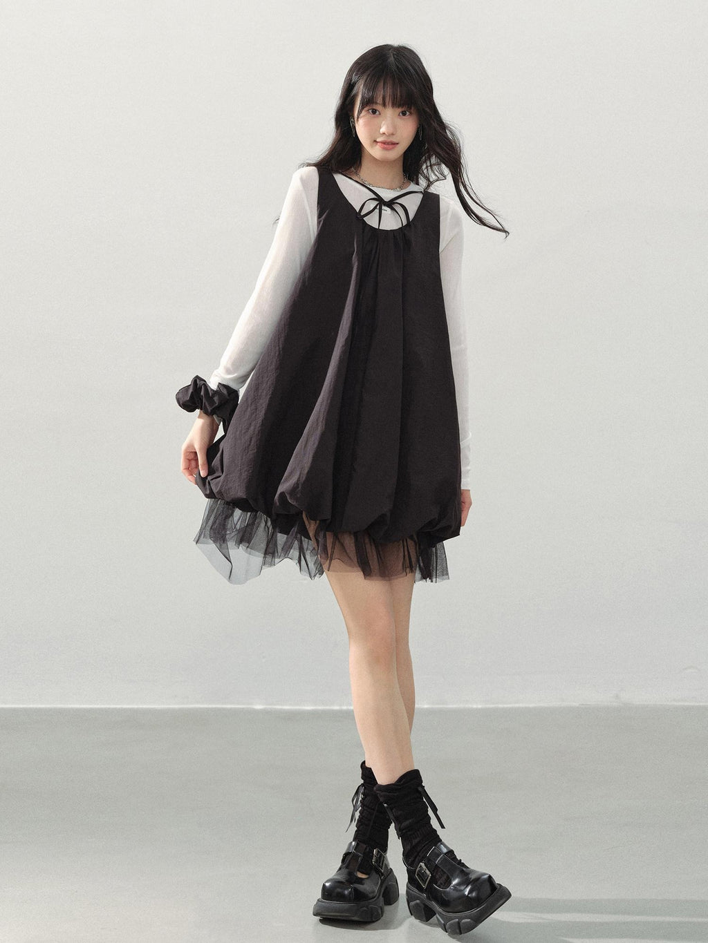 DDGIRL studio Sweet Mesh A Line Black Loose Waist Bubble Skirt U Neck Work Top & Skirt Sets