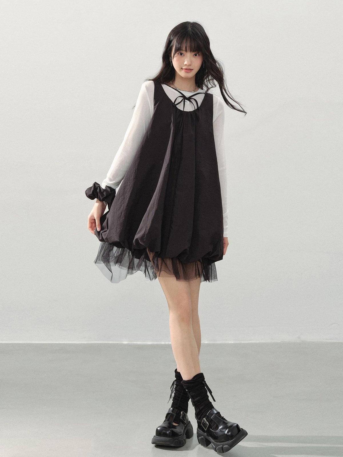 DDGIRL studio Sweet Mesh A Line Black Loose Waist Bubble Skirt U Neck Work Top & Skirt Sets