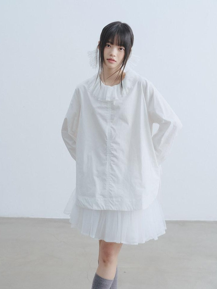 DDGIRL studio Breathable Cotton Lace Doll Collar Petal Sleeve Long Loose Commuter White Shirts