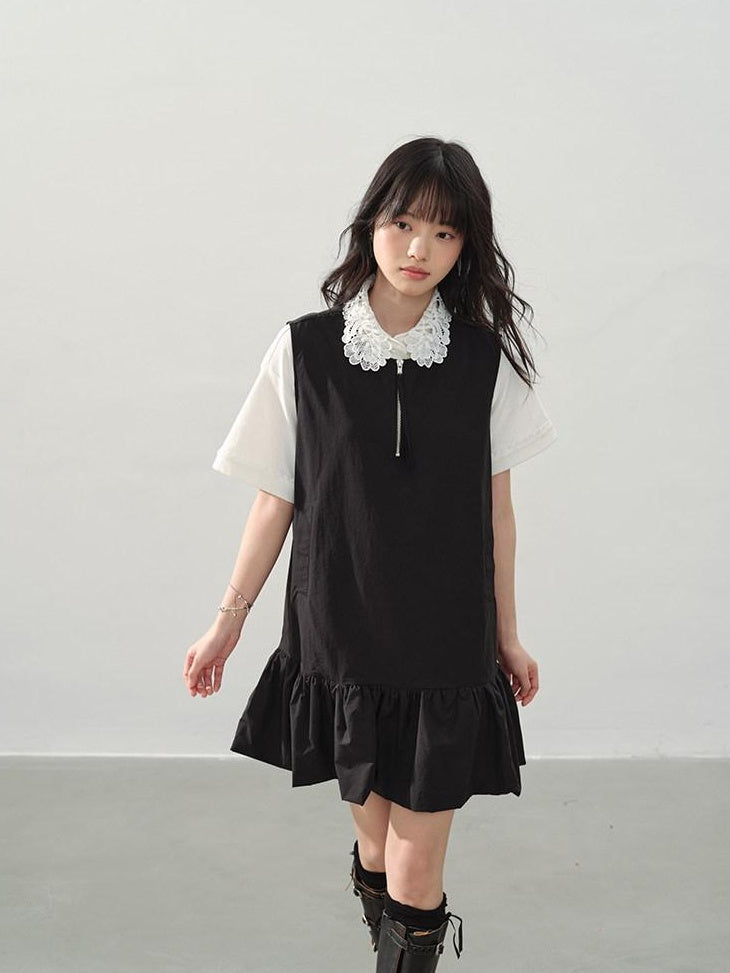 DDGIRL studio Soft Washed Cotton Nylon A Line Doll Collar Pockets Black Mini Dresses