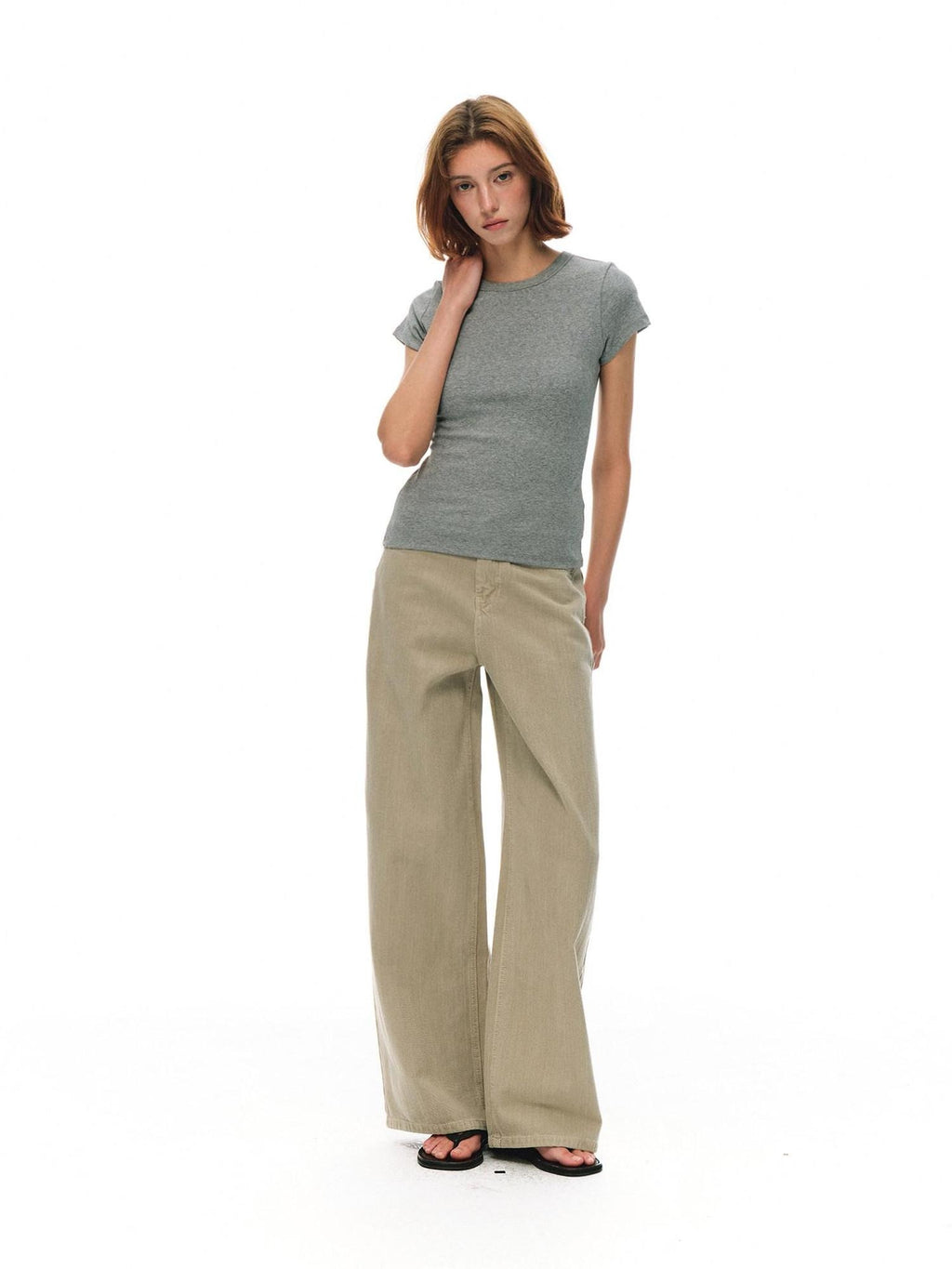 Country Moment Breathable Durable Mid Rise Zipper Fly Loose Khaki Cotton Casual Wide Leg Jeans