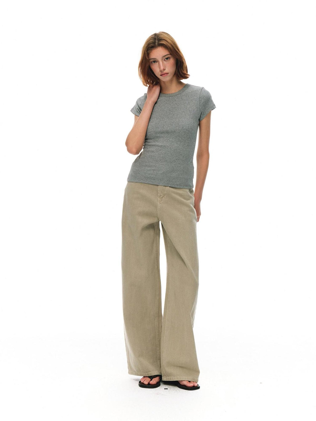 Country Moment Breathable Durable Mid Rise Zipper Fly Loose Khaki Cotton Casual Wide Leg Jeans