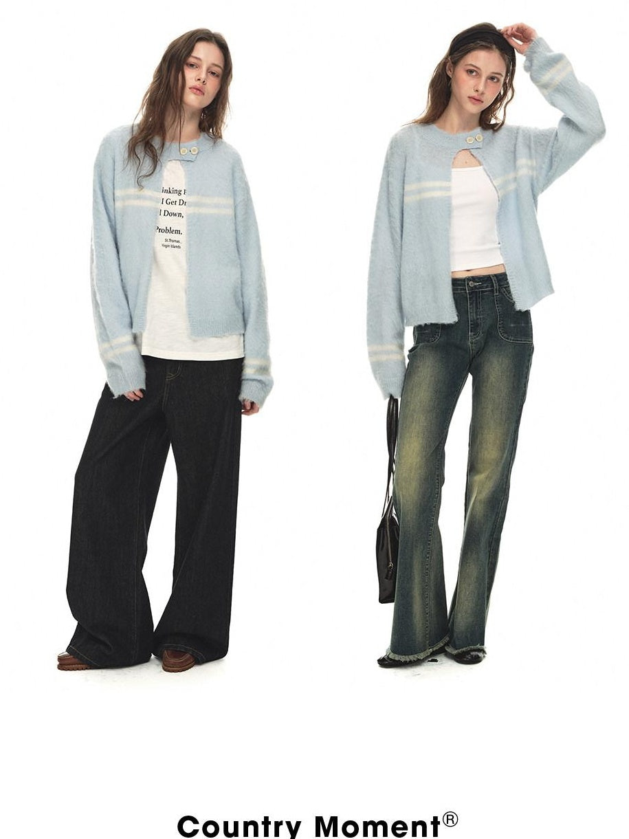 Country Moment Soft Wool Blend Light Blue Striped Relaxed Collar Women Breathable Cardigans