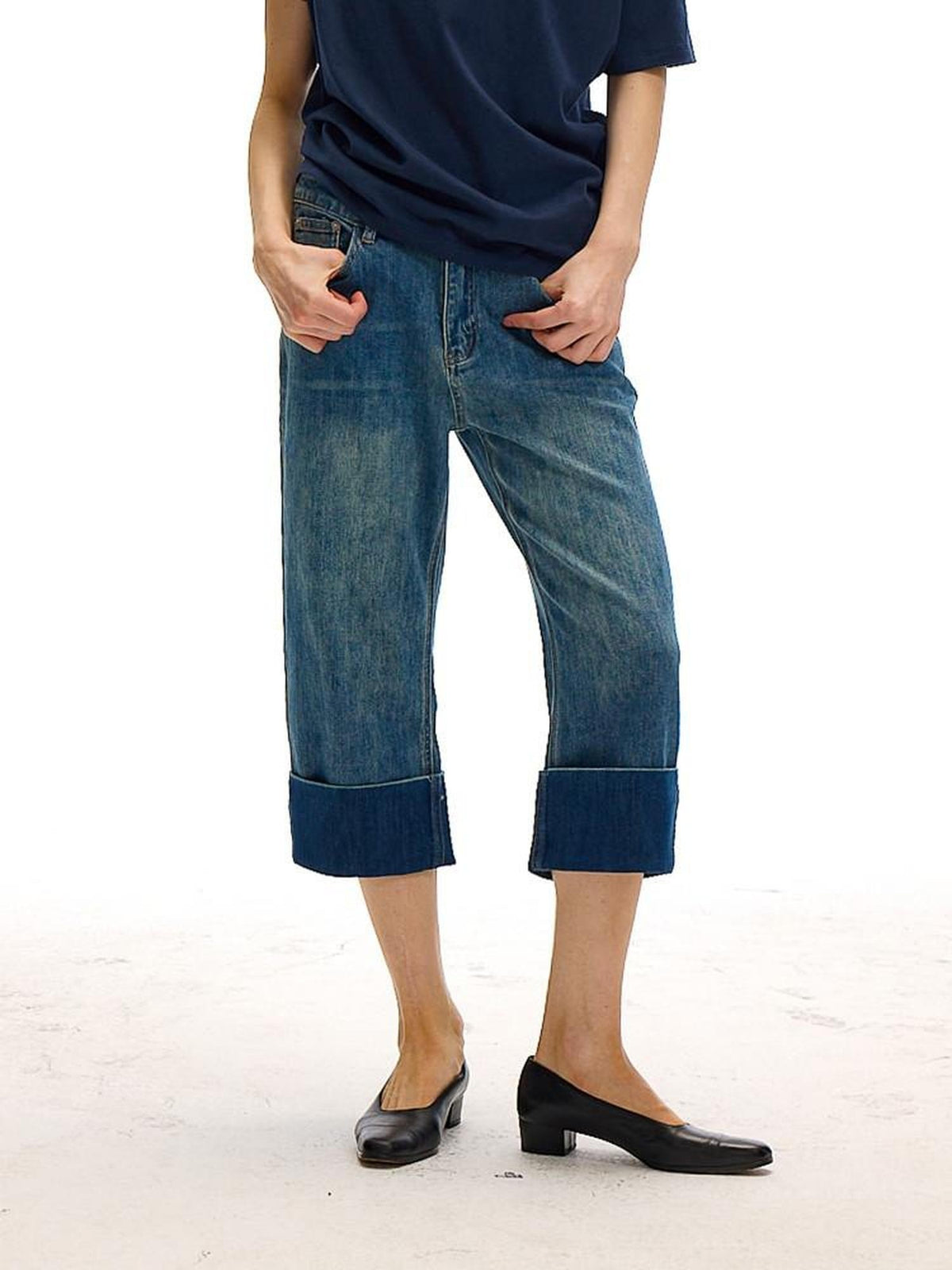 Country Moment High Waist Washed Stretch Straight Leg Denim Blue Mid-Length Shorts