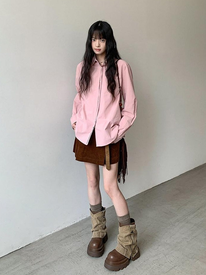 DDGIRL studio Breathable 100% Cotton Loose Fit Polo Collar Button Long Sleeve Pink Shirts